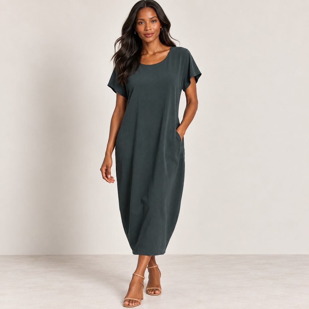 Eileen Fisher Stretch Crepe Midi Dress S Green Short Sleeve Pockets